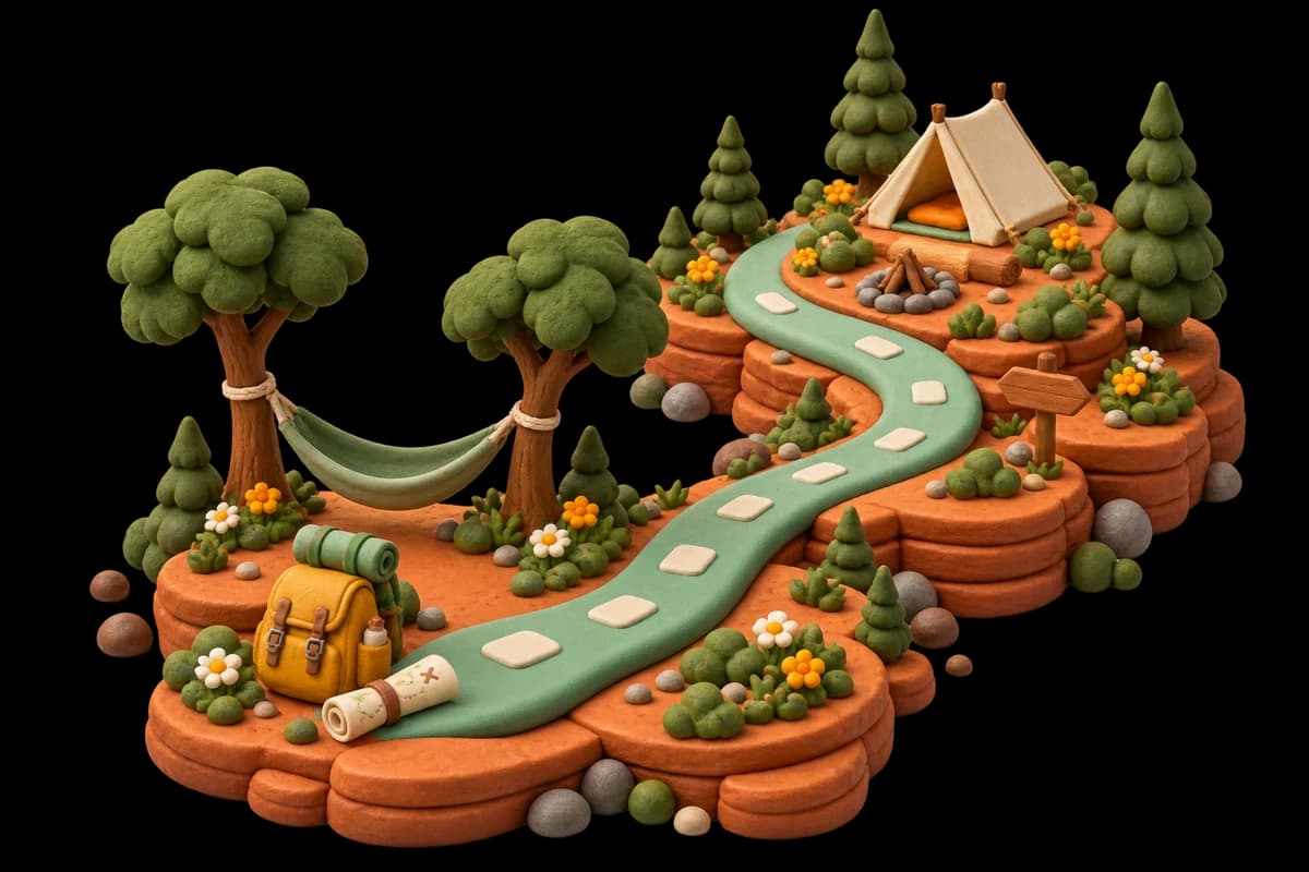 A clay trail with a hammock, backpack and tent