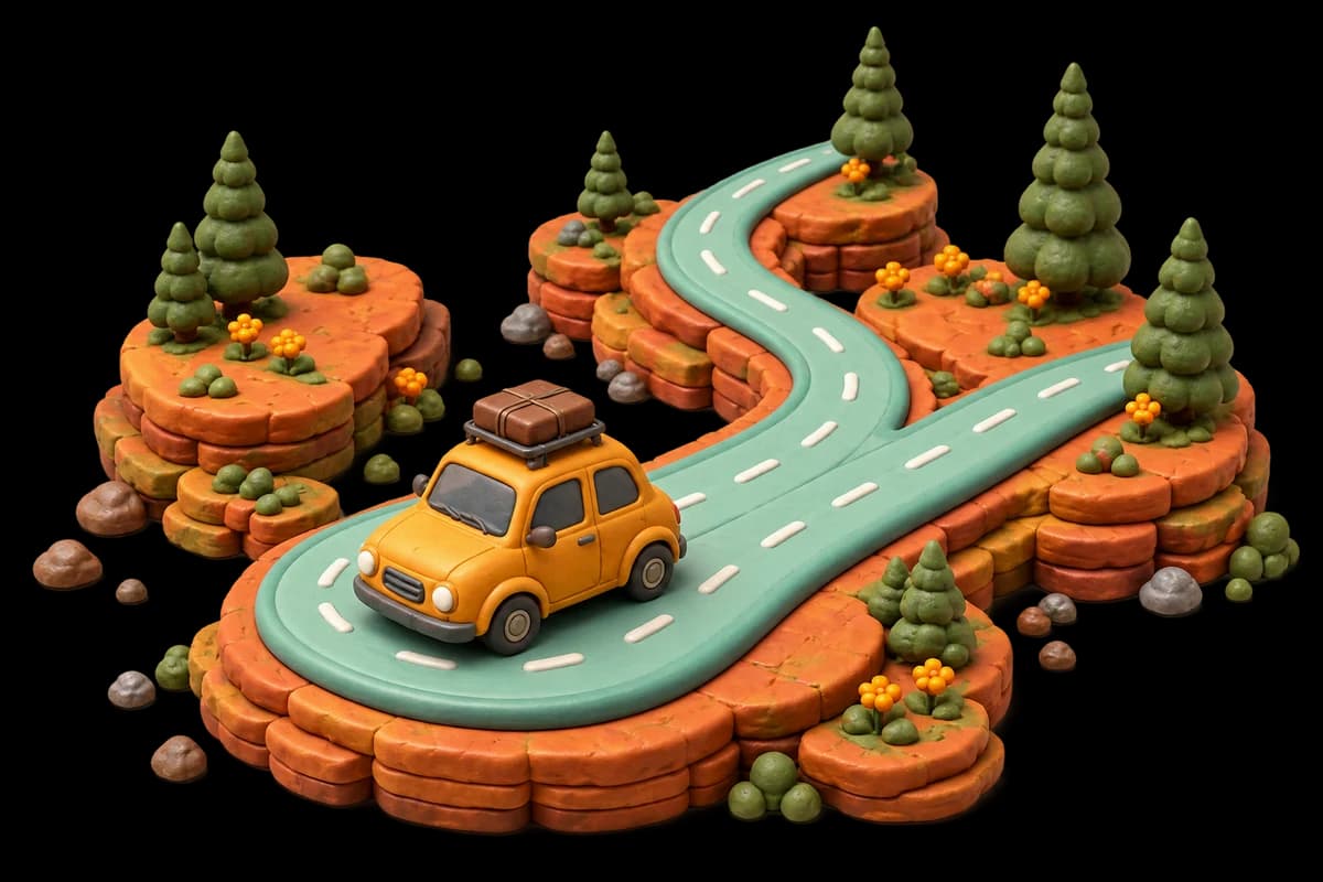 A yellow clay car on a winding road