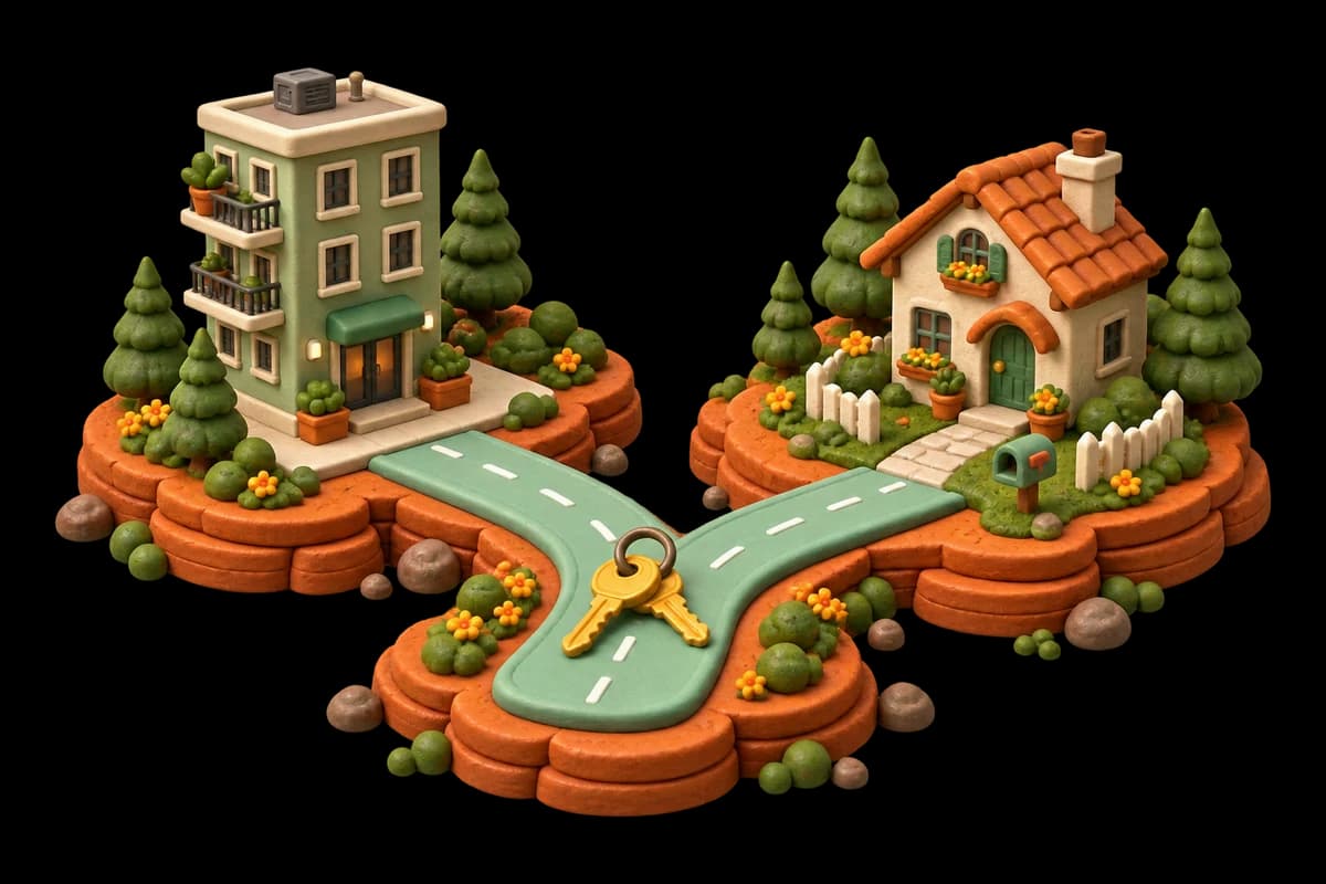 A clay path forks between an apartment and a little house