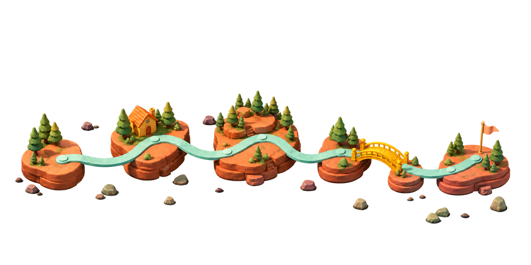 A playful winding path through a home, trees, and a bridge to new possibilities